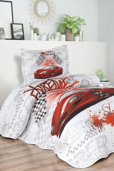 Fast Car Baskılı Kapitoneli Tek Kişilik Yatak Örtüsü Kırmızı ürün görseli