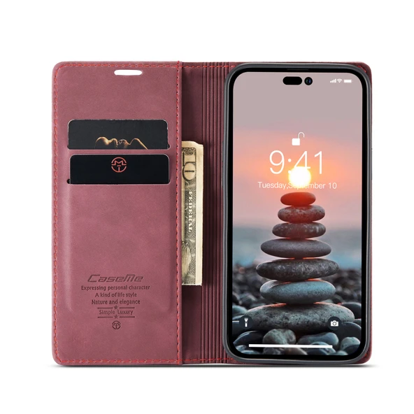 iPhone 14 Pro Max Deri Telefon Kılıfı - Şarap Kırmızısı - Çok Fonksiyonlu Retro - 4