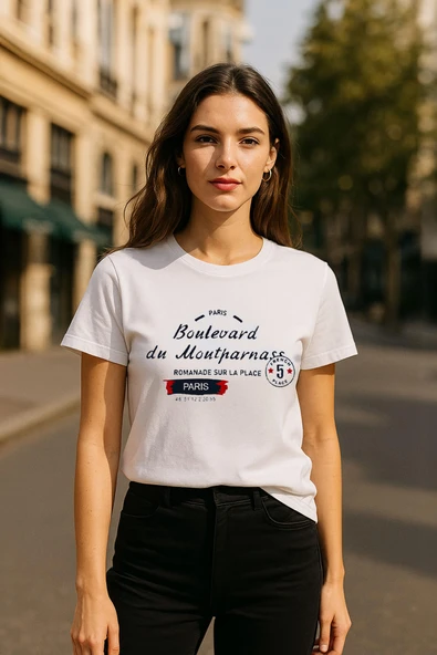 Kadın Bisiklet Yaka Baskılı Siyah T-shirt - 4