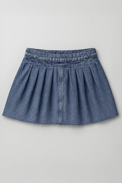 Kadın Şık Pileli Yazlık Mini Jean Etek - 3