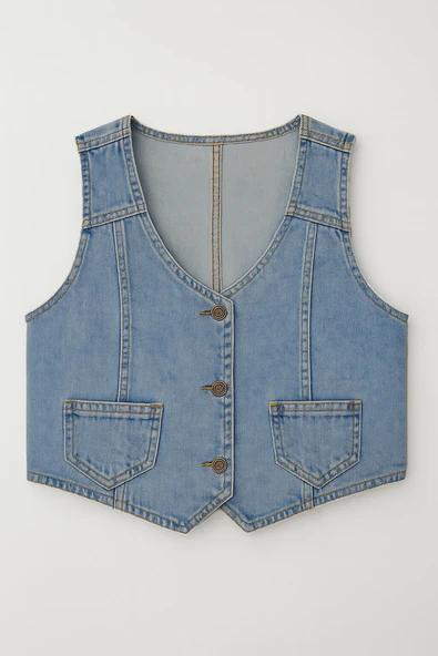 Kadın Düğmeli Jean Yelek - 2