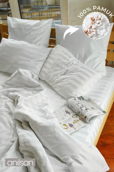 Çizgili Çift Kişilik Lastikli Çarşaf Düğmeli Nevresim Takım %100 Pamuk 2 Adet Yastık Kılıfı,83tel