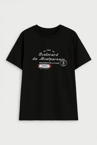 Kadın Bisiklet Yaka Baskılı Siyah T-shirt - 5