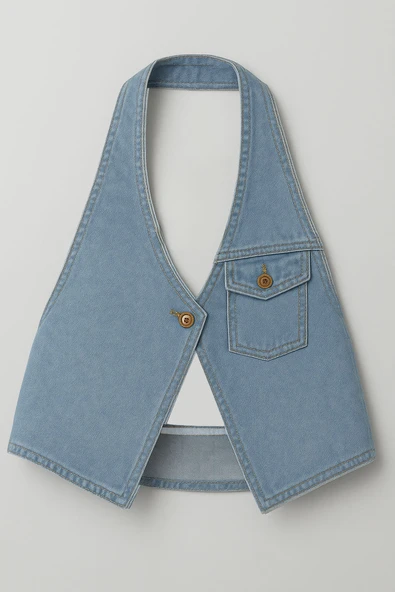 Kadın Tek Düğmeli Boyundan Askılı Jean Yelek - 2