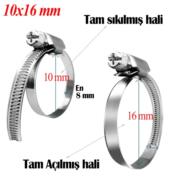 5 ADET Hortum Kelepçesi Tork Ayarlı 10x16 mm Paslanmaz Çelik Boru Metal Kelepçe Ayarlanabilir Klips - 2