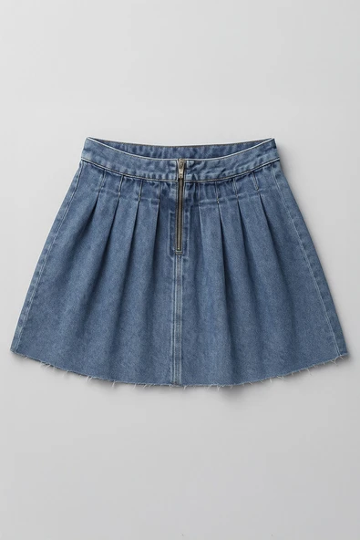 Kadın Şık Pileli Yazlık Mini Jean Etek - 2