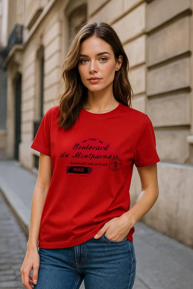 Kadın Bisiklet Yaka Baskılı Siyah T-shirt