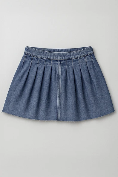 Kadın Şık Pileli Yazlık Mini Jean Etek - 3