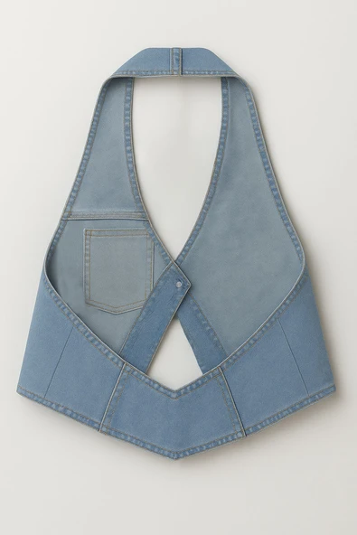 Kadın Tek Düğmeli Boyundan Askılı Jean Yelek - 3