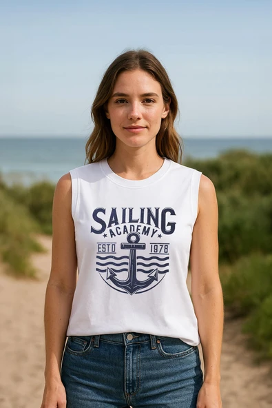 Kadın Bisiklet Yaka Baskılı Beyaz Kolsuz T-shirt - 1