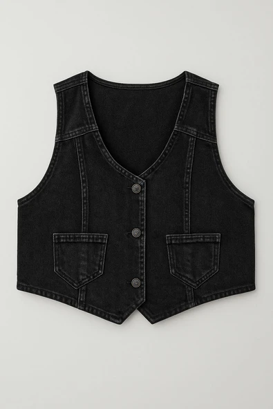 Kadın Düğmeli Jean Yelek - 6