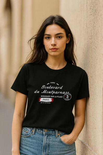 Kadın Bisiklet Yaka Baskılı Siyah T-shirt - 4