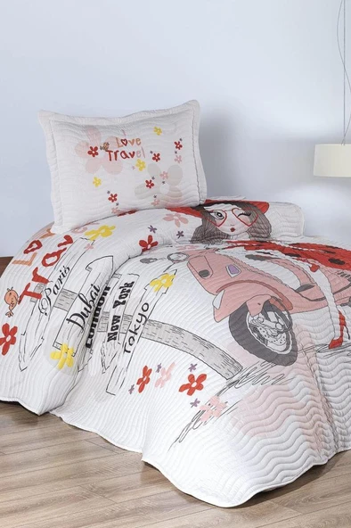 Gezgin Kız Baskılı Kapitoneli Tek Kişilik Yatak Örtüsü Kırmızı ürün görseli