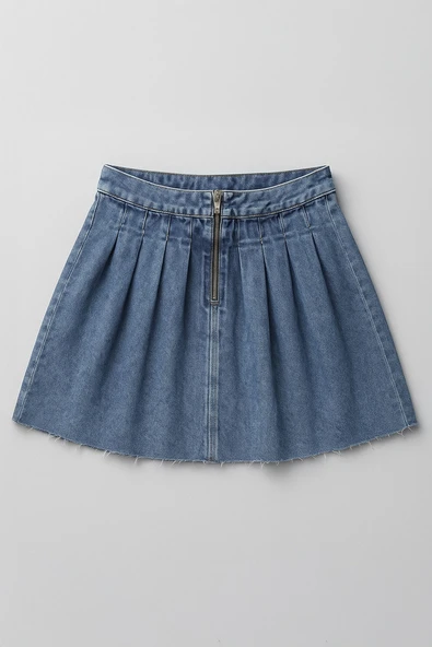 Kadın Şık Pileli Yazlık Mini Jean Etek - 2