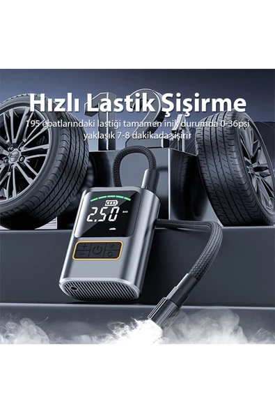 EXENAR 3600 Mah Oto Araç Hava Kompresörü Şarjlı Araç Lastik Pompası / Motosiklet / Scooter / Bisiklet - 7