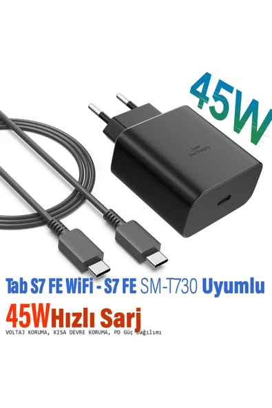 EXENAR Samsung Galaxy Tab S7 FE SM-T730 Uyumlu Tab S7 FE WiFi Şarj Aleti ve Kablosu 45W ürün görseli