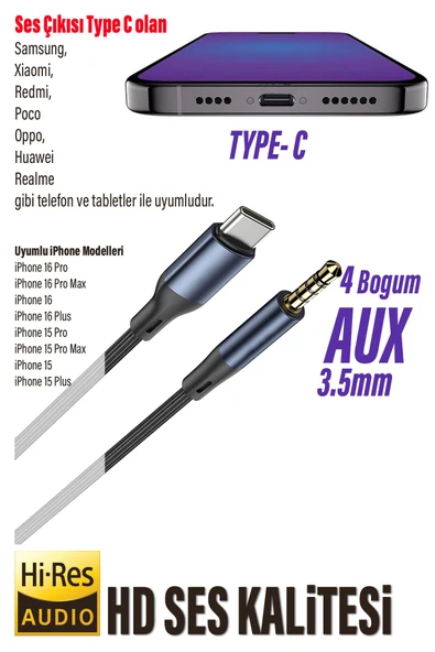 EXENAR iPhone 16 - 16 pro - 16 Pro Max Telefon Konuşma Yapılabilir AUX Kablo Type-C Çevirici Kablo - 3