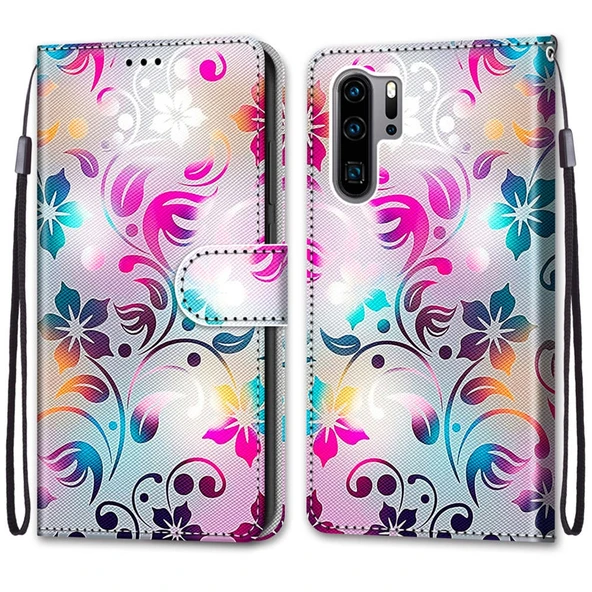 Huawei P30 Pro PU Deri Kılıf - Gradient Renkli Çiçek - Kart Yuvalı ve Cüzdanlı - 2