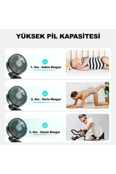EXENAR Masaüstü Şarjlı Mandallı 360° Dönen Mini Fan Vantilatör Şarjlı Klipsli Soğutucu 3 Kademe 8000 RPM - 5