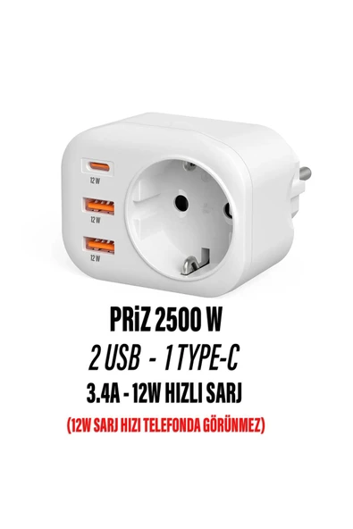 EXENAR USB Type-C Priz Dönüştürücü Şarj Adaptörü Priz - 2 USB - 1 Type-C Girişli Çoklu Fiş - Resim 2
