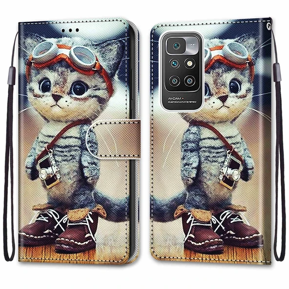 Xiaomi Redmi 10 PU Deri Kılıf - Çizgili Desen - Ayakkabı Kedisi - 2