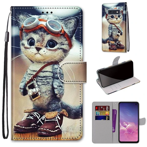 Samsung Galaxy S10e PU Deri Kılıf - Çizgili Dikey Tasarım - Ayakkabı Kedisi