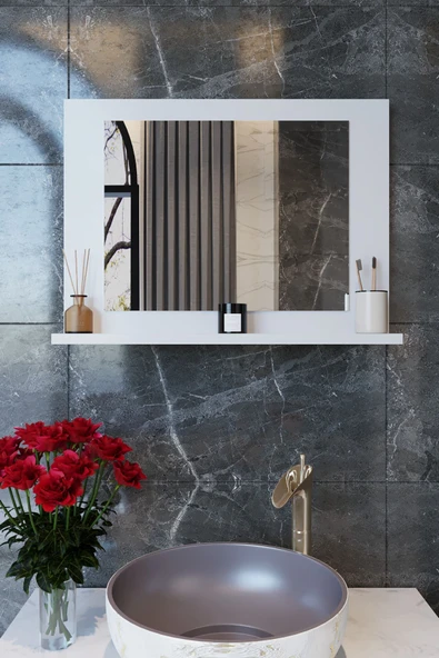 makbulce Yakut Dresuar,60x45 Beyaz Raflı Banyo Aynası Beyaz