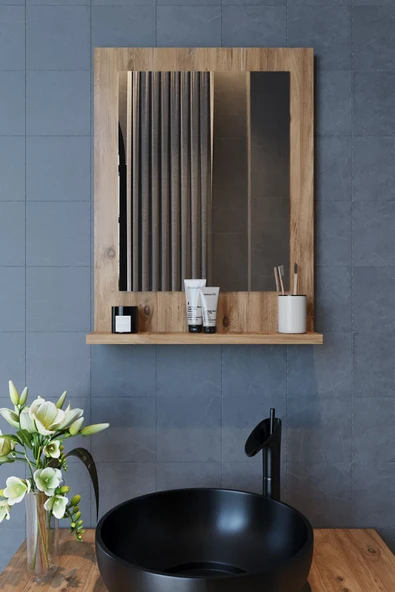 makbulce Safir Banyo Aynası, Dresuar,60x45 Atlantik Çam Raflı Banyo Aynası