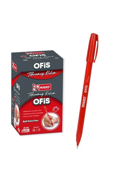Mikro M-40 Ofis Tipi Tükenmez Kalem Kırmızı 1.0 Mm- 50 Adet