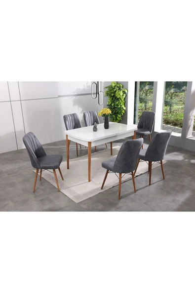 makbulce 6 Kişilik Beyaz Açılır Masa Sandalye Takımı Mutfak Masası Takımı, Salon ve Yemek Masası Takımı