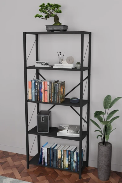 Metal Kitaplık 5 Raflı Dekoratif Kitaplık 150 Cm - Siyah