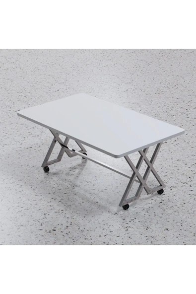 makbulce Reyyan Orta Sehpa Gümüş Metal Ayak Tekerlekli Beyaz 60 X100 - 1