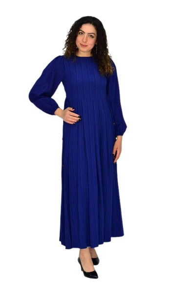 Kadın Lacivert  Kol Lastikli Pileli Bağcıklı Elbise BGL-ST04643 - Resim 4