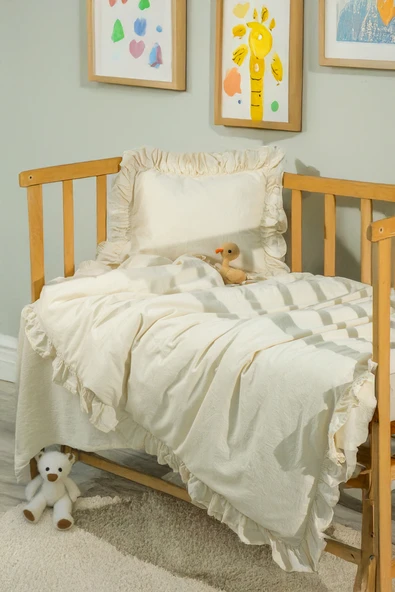 Keten Görünümlü Fırfırlı Bebek Nevresim Takımı - ZTBNT EKRU