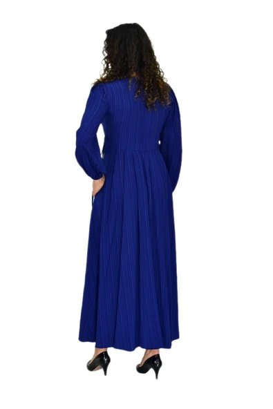 Kadın Lacivert  Kol Lastikli Pileli Bağcıklı Elbise BGL-ST04643 - Resim 5