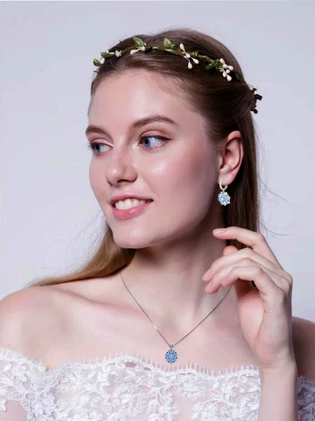 Aquamarin Taşlı Pırlanta Model Lotus Çiçeği Kadın Gümüş Set - 2