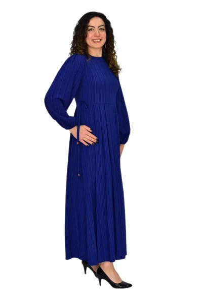 Kadın Lacivert  Kol Lastikli Pileli Bağcıklı Elbise BGL-ST04643 - Resim 3