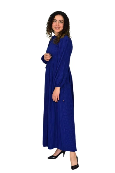 Kadın Lacivert  Kol Lastikli Pileli Bağcıklı Elbise BGL-ST04643 - Resim 6