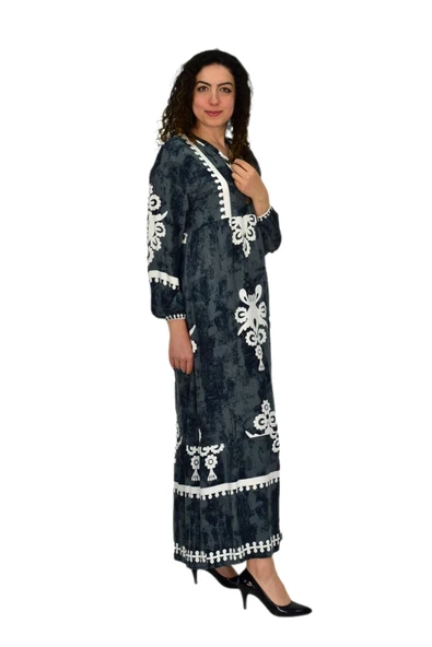 Kadın Kol Lastikli V Yaka Elbise BGL-ST04642 - Resim 7