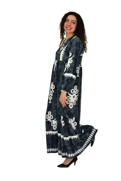 Kadın Kol Lastikli V Yaka Elbise BGL-ST04642 - Resim 12