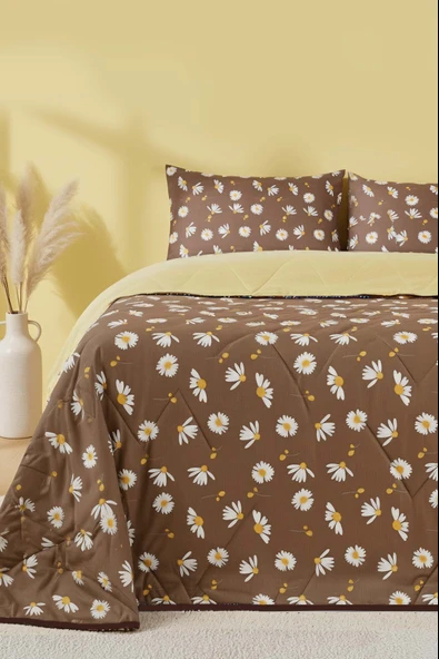 Rivaİstanbul Kahve Papatyalı Çift Kişilik Pamuklu Kapitone Pike & Çok Amaçlı Yatak Örtüsü