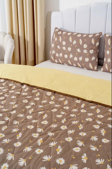 Rivaİstanbul Kahve Papatyalı Çift Kişilik Pamuklu Kapitone Pike & Çok Amaçlı Yatak Örtüsü - 4