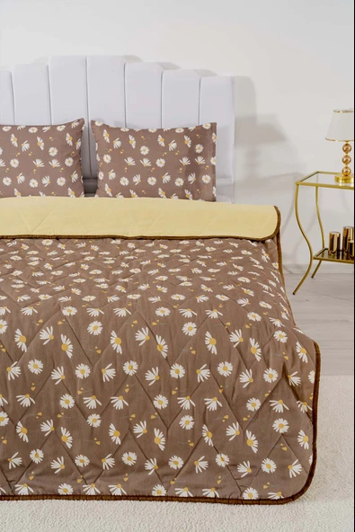Rivaİstanbul Kahve Papatyalı Çift Kişilik Pamuklu Kapitone Pike & Çok Amaçlı Yatak Örtüsü - 2