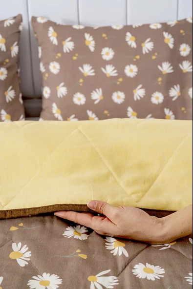 Rivaİstanbul Kahve Papatyalı Çift Kişilik Pamuklu Kapitone Pike & Çok Amaçlı Yatak Örtüsü - 5