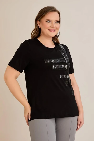 Wearon Kadın Melis Baskılı Kısa Kol Penye Siyah Tişört - 7