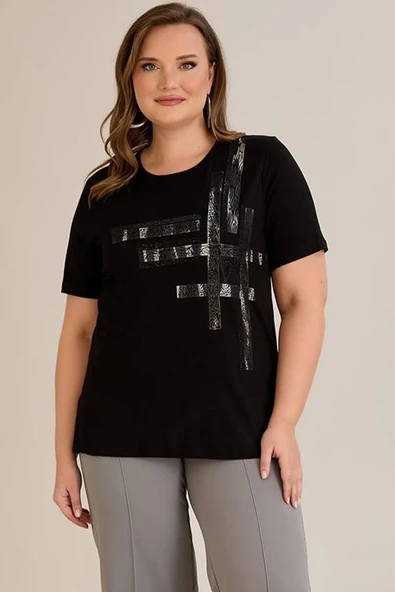 Wearon Kadın Melis Baskılı Kısa Kol Penye Siyah Tişört