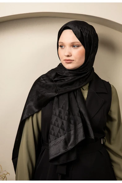 MODA Üçgen Desen Parlak Jakar Şal Siyah - 3