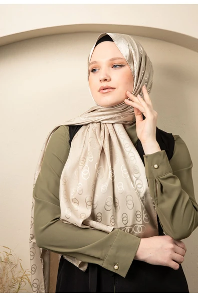 MODA Zincir Desen Parlak Jakar Şal Bej - 2