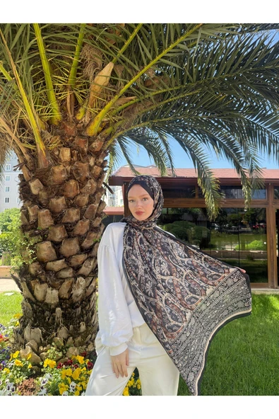 MODA Soft Pamuk Etnik Desen Şal Siyah-Turuncu - 4