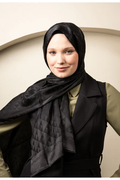 MODA Üçgen Desen Parlak Jakar Şal Siyah - 4